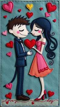 Man and a woman are holding a red heart, celebrating their love on valentine's day. The illustration is made of felt and depicts a romantic atmosphere