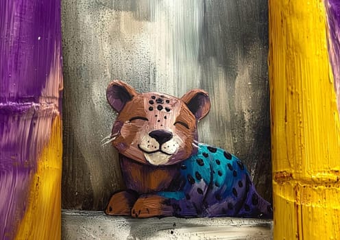 Painting of a smiling leopard cub relaxing on a ledge with colorful abstract brushstrokes and bamboo in the background