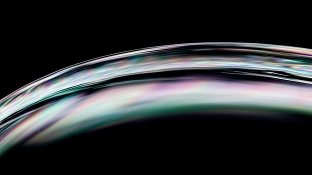 Captivating soap bubble close up with vibrant colors swirling on black background, creating a mesmerizing and dreamlike scene evoking science and beauty