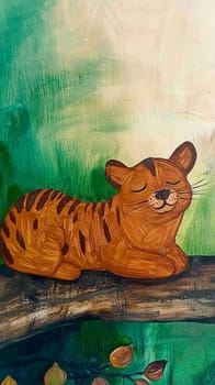 Cute baby tiger peacefully rests on a tree branch in a colorful jungle painting, surrounded by lush greenery