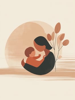 Mother lovingly holds her baby in a minimalist illustration, creating a beautiful bond. Warm colors add tenderness to this modern artwork, perfect for home decor or greeting cards