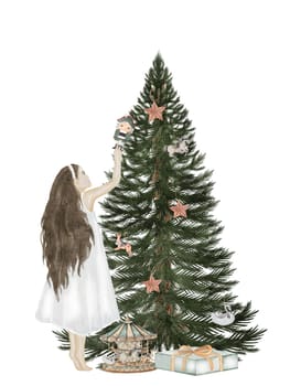 Christmas tree watercolor. Hand drawn vintage evergreen tree with a girl, a nutcracker, a gift box and vintage toys isolated on white background. Clip art of Christmas and New Year symbol. Ideal for greeting cards, posters and home crafts design. High quality illustration