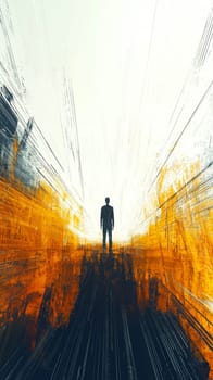 Businessman is standing in an abstract tunnel with bright light at the end, suggesting new beginnings and the overcoming of challenges