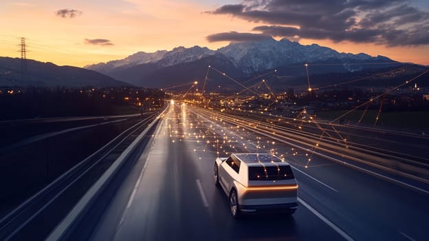 Modern transportation technology concept featuring an autonomous electric car speeding down a highway at sunset, with network connections visible in the sky
