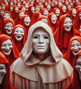 A person is standing in front of a crowd of people wearing a mask. The crowd is made up of many people wearing masks, and they are all smiling. Concept of unity and happiness among the people