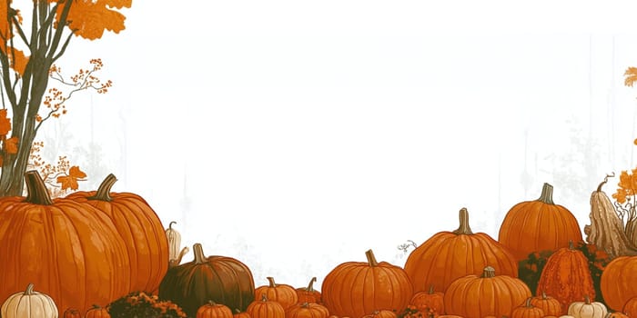 Colorful variety of pumpkins and gourds are creating a seamless horizontal banner on a white background. Perfect image for fall, harvest, or thanksgiving themes