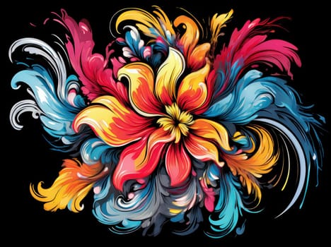 Vibrant colorful abstract petals in a fluid motion against a black background.
 Vivid explosion of colors, blending fluid forms into a floral-inspired abstract composition.