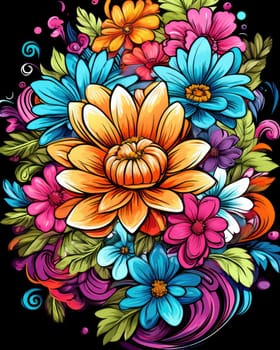 Vibrant colorful abstract petals in a fluid motion against a black background.
 Vivid explosion of colors, blending fluid forms into a floral-inspired abstract composition.