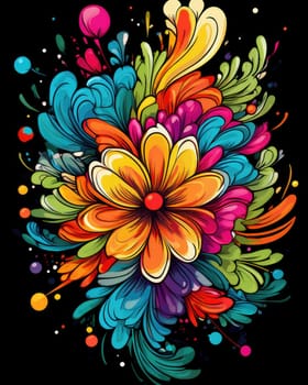 Vibrant colorful abstract petals in a fluid motion against a black background.
 Vivid explosion of colors, blending fluid forms into a floral-inspired abstract composition.