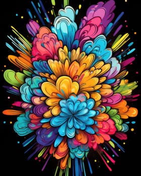 Vibrant colorful abstract petals in a fluid motion against a black background.
 Vivid explosion of colors, blending fluid forms into a floral-inspired abstract composition.