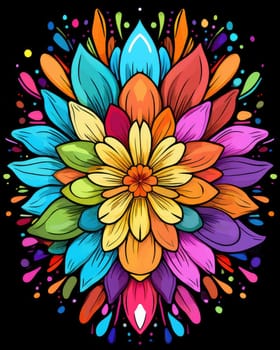 Vibrant colorful abstract petals in a fluid motion against a black background.
 Vivid explosion of colors, blending fluid forms into a floral-inspired abstract composition.