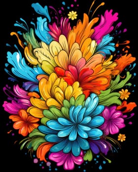 Vibrant colorful abstract petals in a fluid motion against a black background.
 Vivid explosion of colors, blending fluid forms into a floral-inspired abstract composition.