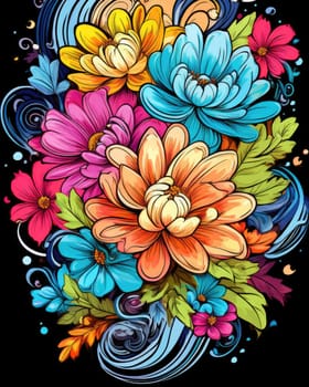 Vibrant colorful abstract petals in a fluid motion against a black background.
 Vivid explosion of colors, blending fluid forms into a floral-inspired abstract composition.