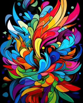 Vibrant colorful abstract petals in a fluid motion against a black background.
 Vivid explosion of colors, blending fluid forms into a floral-inspired abstract composition.