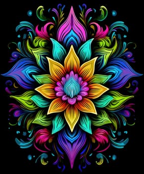 Vibrant colorful abstract petals in a fluid motion against a black background.
 Vivid explosion of colors, blending fluid forms into a floral-inspired abstract composition.