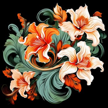 Vibrant colorful abstract petals in a fluid motion against a black background.
 Vivid explosion of colors, blending fluid forms into a floral-inspired abstract composition.