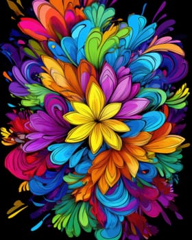 Vibrant colorful abstract petals in a fluid motion against a black background.
 Vivid explosion of colors, blending fluid forms into a floral-inspired abstract composition.