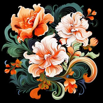 Vibrant colorful abstract petals in a fluid motion against a black background.
 Vivid explosion of colors, blending fluid forms into a floral-inspired abstract composition.