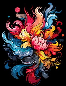 Vibrant colorful abstract petals in a fluid motion against a black background.
 Vivid explosion of colors, blending fluid forms into a floral-inspired abstract composition.