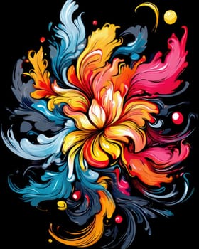 Vibrant colorful abstract petals in a fluid motion against a black background.
 Vivid explosion of colors, blending fluid forms into a floral-inspired abstract composition.