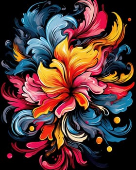 Vibrant colorful abstract petals in a fluid motion against a black background.
 Vivid explosion of colors, blending fluid forms into a floral-inspired abstract composition.