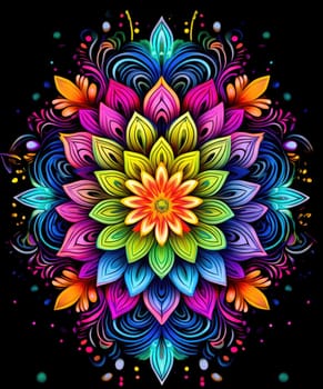 Vibrant colorful abstract petals in a fluid motion against a black background.
 Vivid explosion of colors, blending fluid forms into a floral-inspired abstract composition.