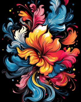 Vibrant colorful abstract petals in a fluid motion against a black background.
 Vivid explosion of colors, blending fluid forms into a floral-inspired abstract composition.
