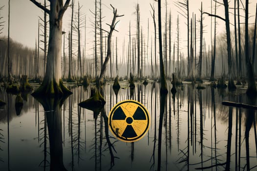 swampy, dying forest with bare branches and withered leaves, in the foreground a sign of radioactive contamination.