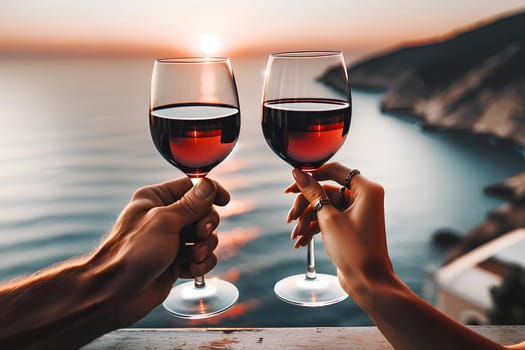 a man's hand and a woman's hand clink glasses with red wine against the backdrop of the sea, honeymoon.