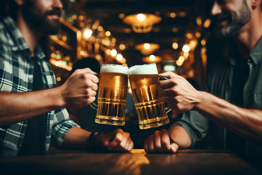 two men clinking beer mugs in a bar.