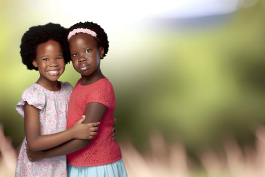 two young Black sisters hugging each other, copy space