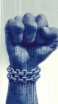 Powerful fist, adorned with intricate patterns, is breaking free from heavy chains, symbolizing the struggle for freedom and equality