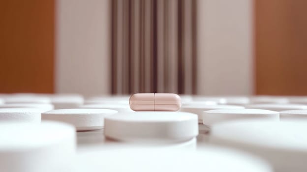 Pink capsule is standing out in a crowd of white pills. The concept evokes the idea of being unique and standing out from the crowd