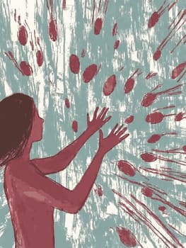 Illustration of a woman with her arms raised feeling overwhelmed by negative thoughts represented by red drops converging on her
