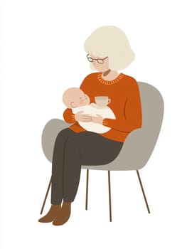 Grandmother is sitting in a chair, holding a sleeping baby in her arms. She is enjoying a cup of coffee while the baby sleeps peacefully