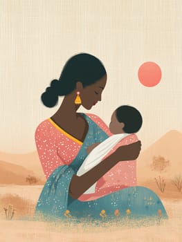 Illustration of a young mother holding her sleeping baby in a loving embrace, symbolizing the universal bond of motherhood and the beauty of family