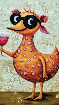 Painting of a funny orange bird wearing sunglasses and holding a glass of wine, suggesting a carefree and enjoyable moment. The textured background adds depth to the whimsical scene