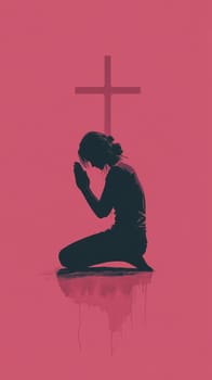 Silhouette of a woman is kneeling and praying under a cross. Conveying a sense of deep faith and connection with the divine. The pink background adds a touch of femininity and serenity to the image