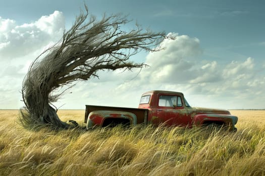 Old red pickup truck sits in a field under the curved branch of a windswept tree