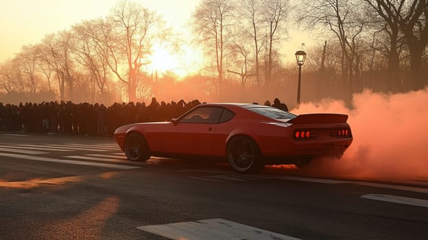 Powerful sports cars race through city streets at sunset, leaving a trail of smoke, thrilling spectators with high speed action