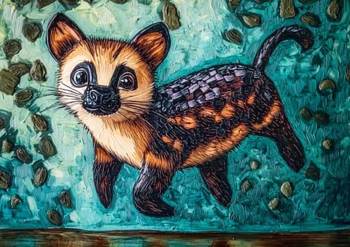 Captivating oil painting of an african civet cat walking gracefully against a teal background, with impasto brush strokes highlighting intricate fur details and vibrant colors