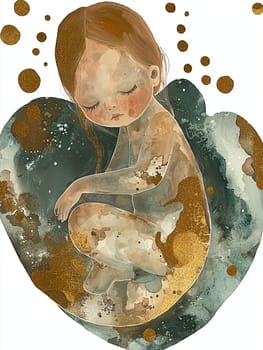 Watercolor illustration of a little girl sleeping peacefully in a golden cradle, a dreamy and magical atmosphere