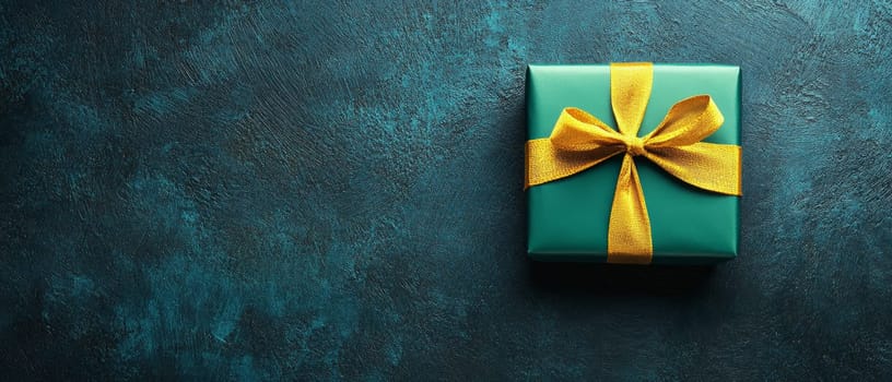Elegant gift box wrapped in teal paper with a golden ribbon, set against a textured blue background with copy space.