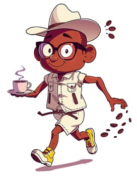 The image depicts a cartoon character wearing a white hat, glasses, and a white shirt with a pocket. The character is holding a cup of coffee and is walking, with coffee beans scattered around him. The character's face is lit up with a smile, and the background is a stark white, which contrasts with the colorful character. (transparent, isolated)