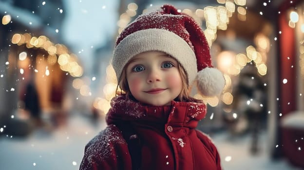 A cheerful little child wearing a festive Santa hat smiles brightly in a beautifully decorated holiday town
