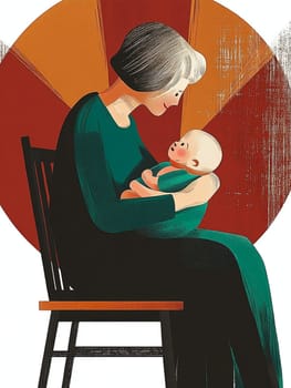 Mother cradles her newborn, radiating love in a cozy home. The bond between them exudes warmth, happiness, and peace in this vibrant, colorful illustration