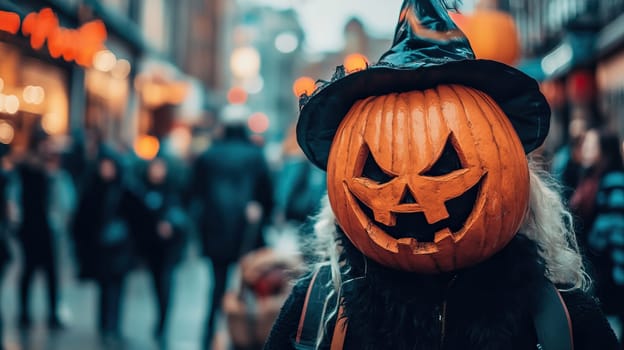 A joyful person wears a carved pumpkin as a whimsical headpiece, celebrating Halloween in a lively city