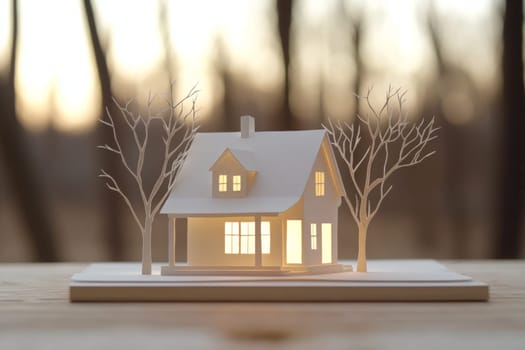 3D model of a small house on the background of a winter forest. High quality photo