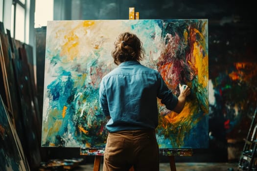 Rear view of a female artist who is very passionate about the process of painting a new picture with bright colors. High quality photo