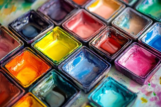 Watercolor or acrylic paints. Palette close-up. High quality photo